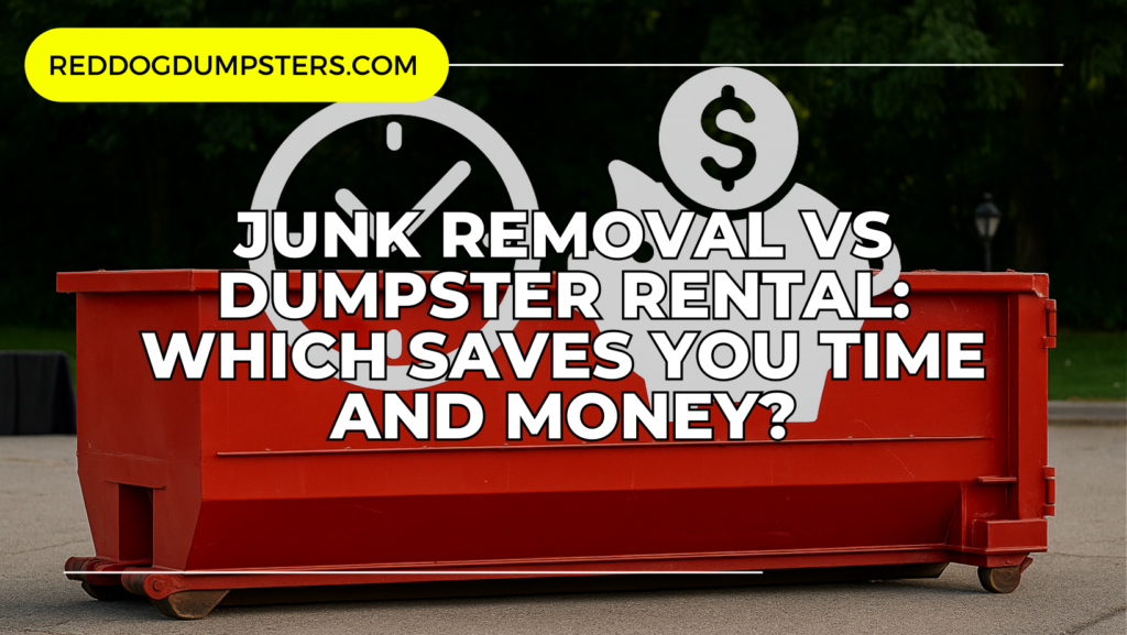Red Dog Dumpster with clock and piggy bank overlay, symbolizing junk removal vs. dumpster rental and comparing which option saves the most time and money for Nashville homeowners and event organizers.