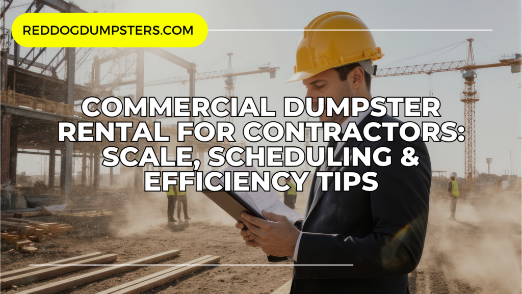 Red Dog Dumpster placed outside a residential or commercial property during off-season construction, representing cost-effective long-term dumpster rental solutions.